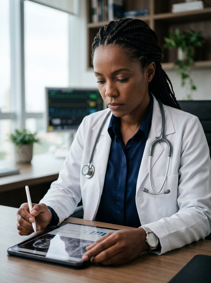 Médica analisando exames - Auriun Contabilidade